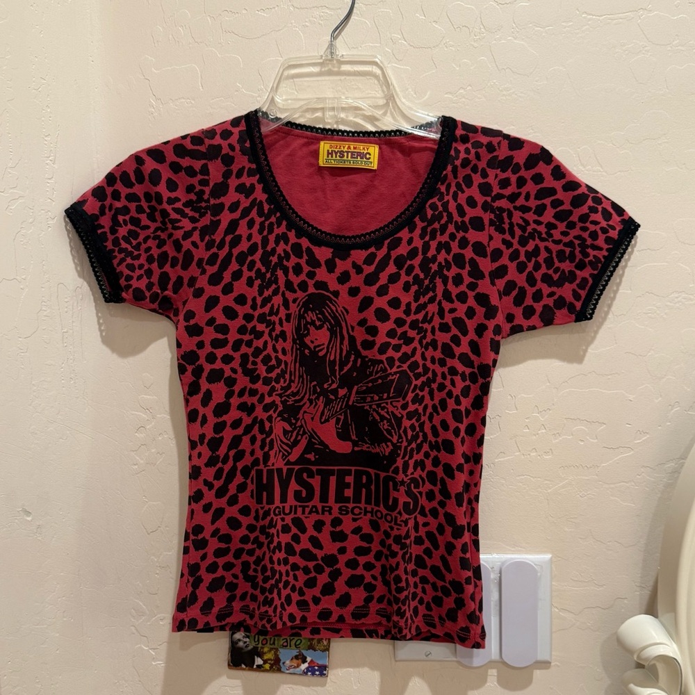 RARE Hysteric Glamour Guitar School Red Leopard tee with black lace trim - Picture 5 of 9